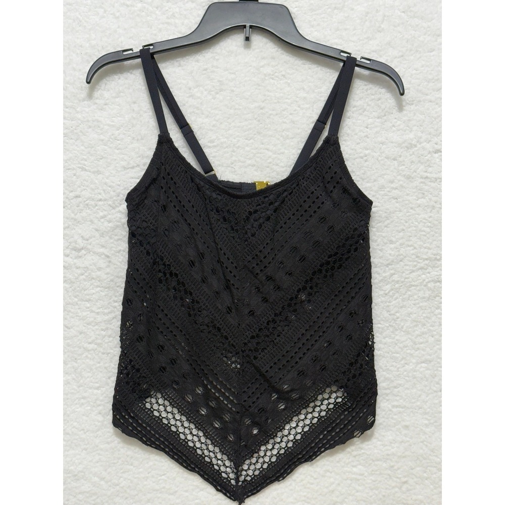 Black Crochet Tank Top Sleeveless Swimsuit Cover Up Bandana Hem XS‎